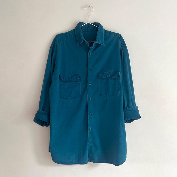 vintage 60s soft mens teal cotton collared work shirt chore jacket french L O/S - Picture 7 of 8